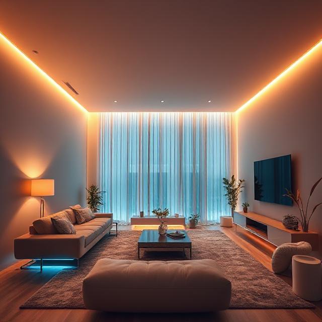 Modern smart home interior with ambient LED lighting and elegant décor in USA home